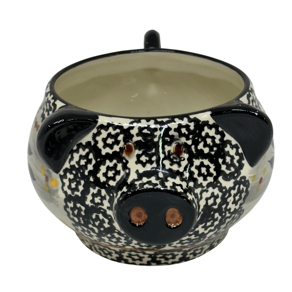 Temp-tations Old World Pig Soup Bowl Mug Black White Floral Ceramic 18 oz